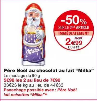 père noël au chocolat au lait "milka" -50% sur le 2ème article
