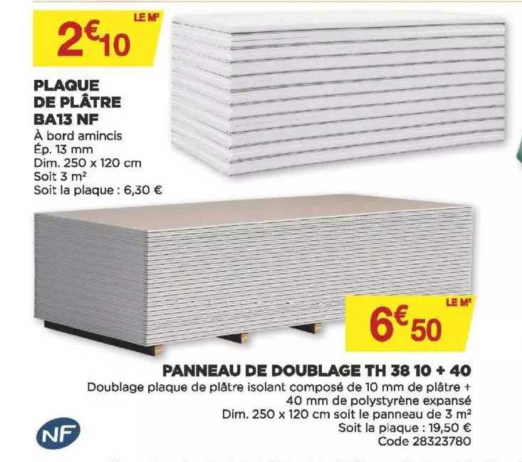 plaque de plâtre ba13nf, panneau de doublage th 38 10+ 40
