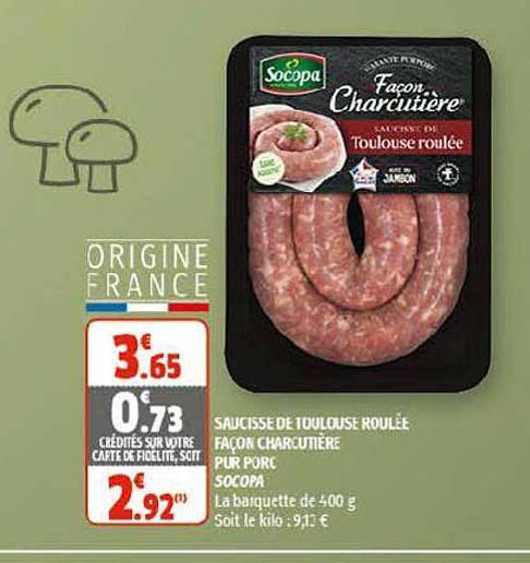 saucisse de toulouse roulée façon charcutière pur porc socopa