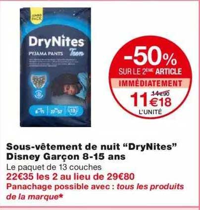 sous-vêtement de nuit "dryNites" disney garçon 8-15 ans