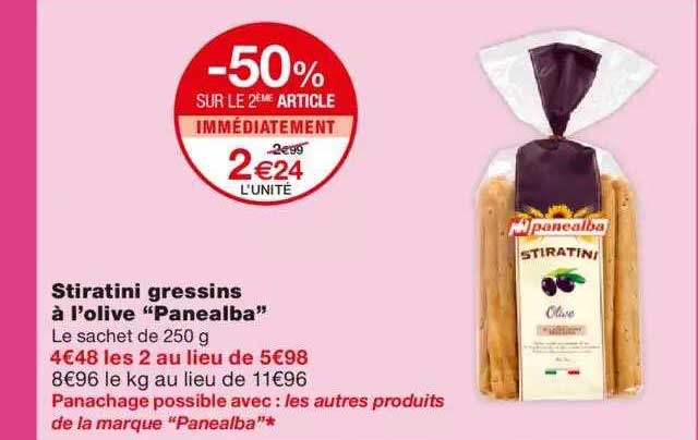 stiratini gressins à l'olive "panealba" -50% sur le 2ème article