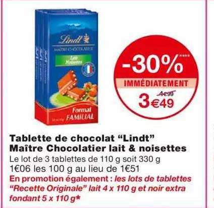 tablette de chocolat "lindt" maître chocolatier lait & noisettes