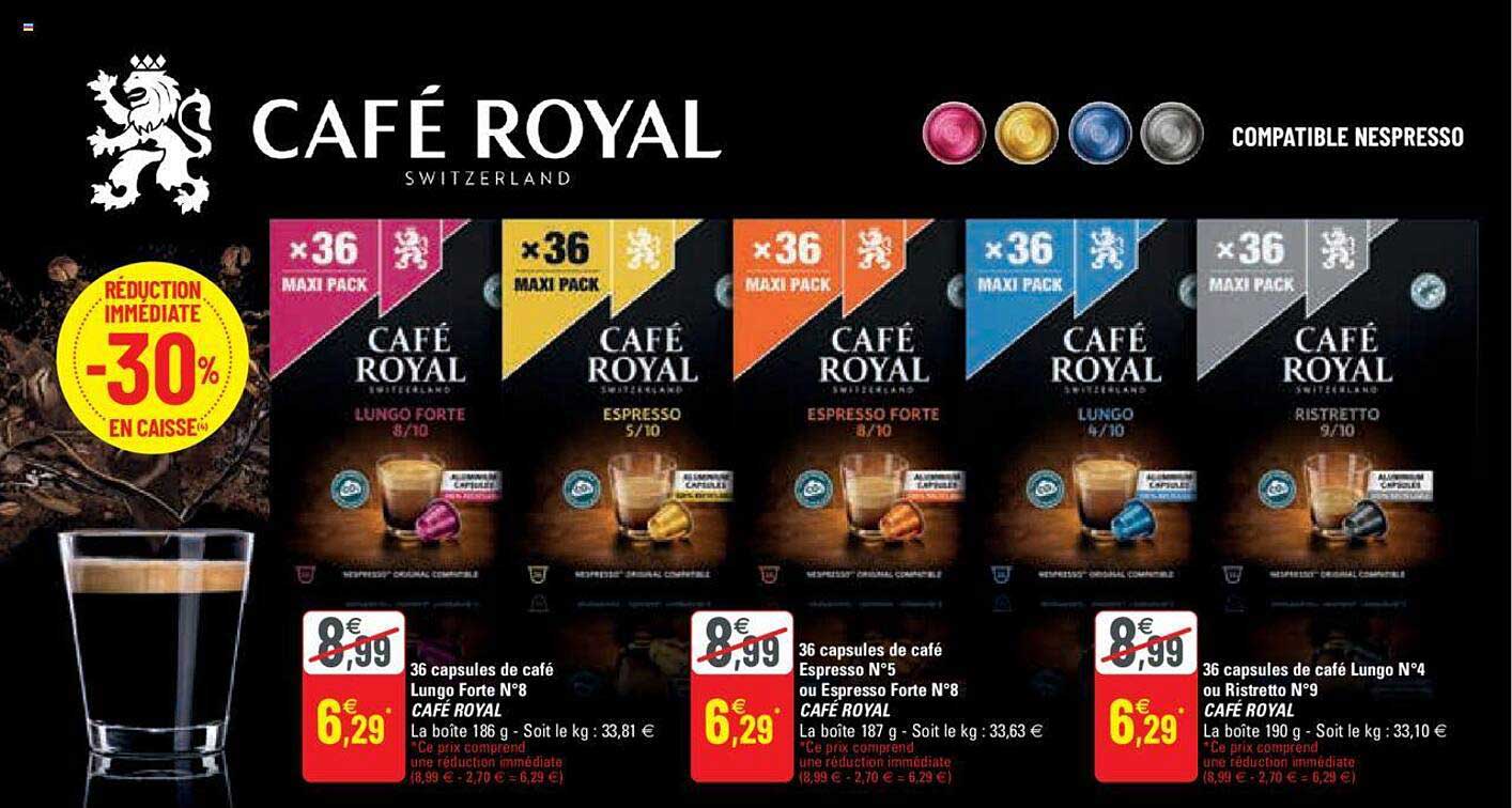 36 capsules de café lungo forte n°8 café royal, 36 capsules de café espresso n°5 ou espresso forte n°8 café royal, 36 capsules de café lungo n°4 ou ristretto n°9 café royal