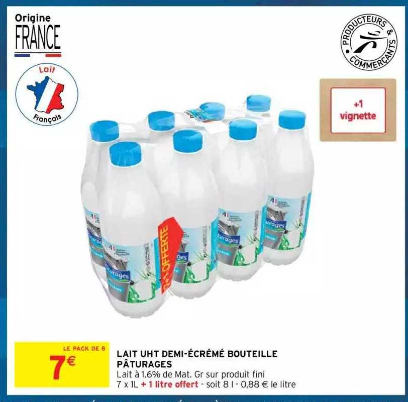 Lait Uht Demi-écrémé Bouteille Pâturages