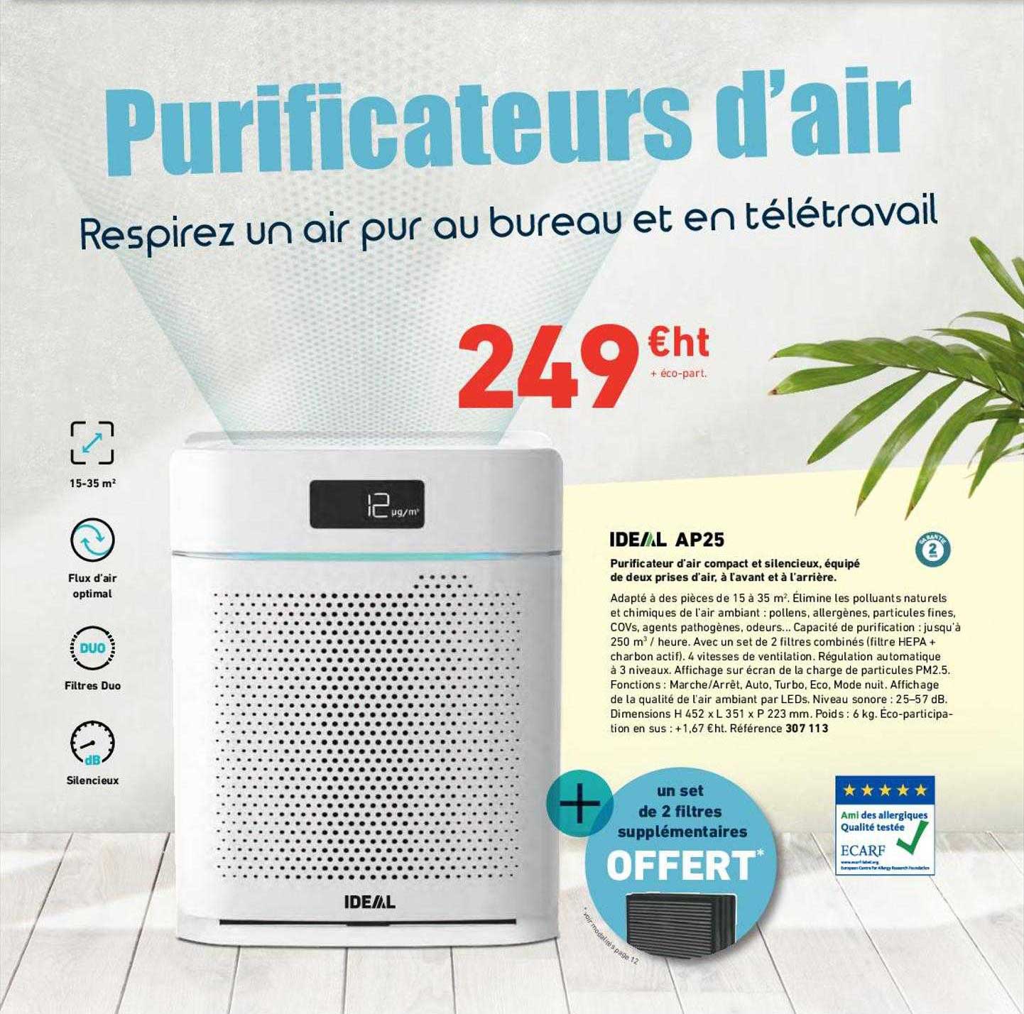 purificateur d'air compact et silencieux, équipé de deux prises d'air, à l'avant et à l'arrière ideal ap25