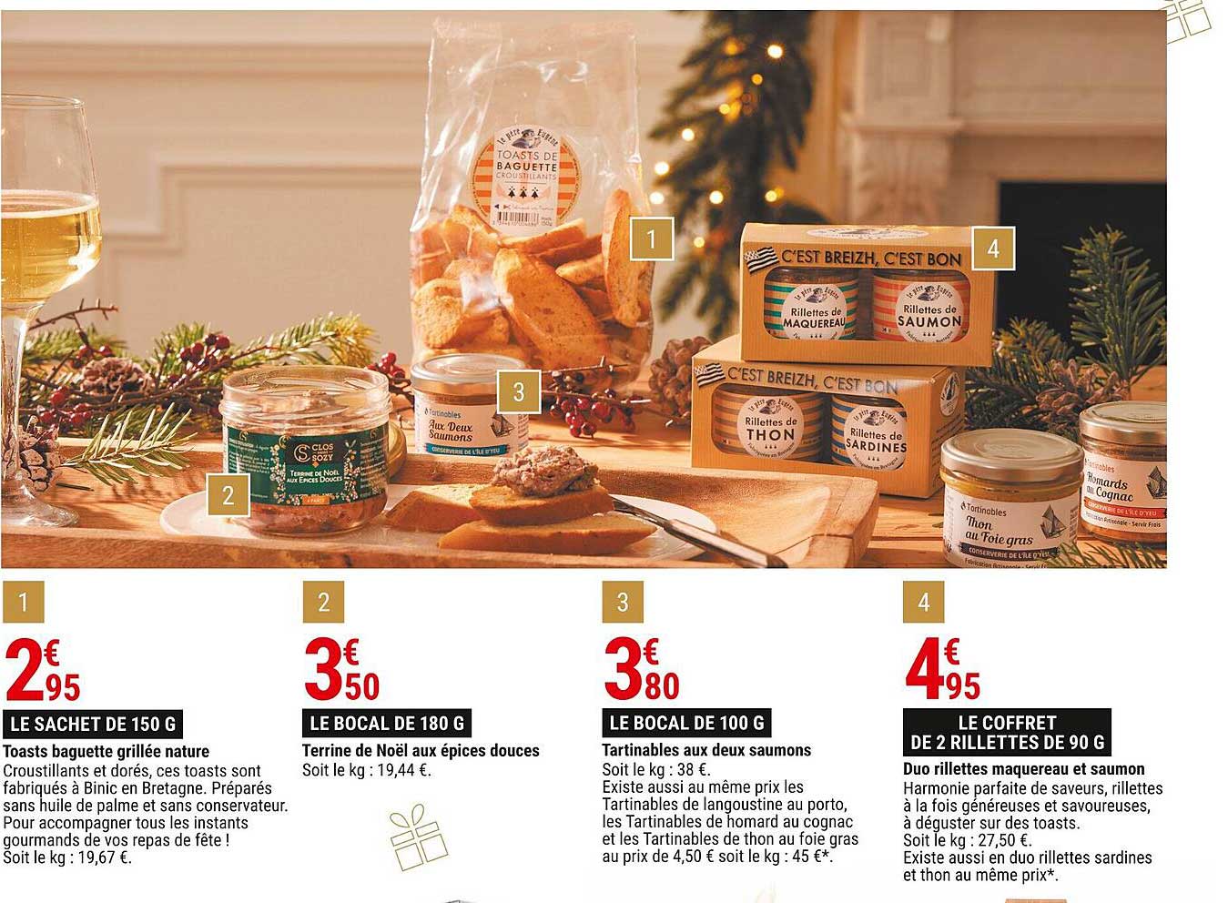 toasts baguette grillée nature, terrine de noël aux épices douces, tartinables aux deux saumons, duo rillettes maquereau et saumon