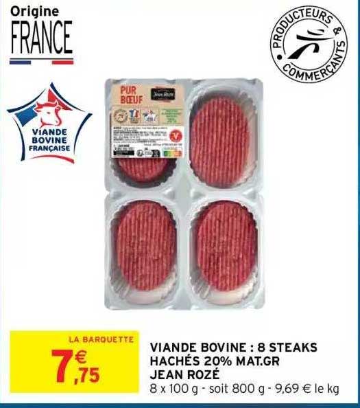 viande bovine : 8 steaks hachés 20% mat.gr jean rozé