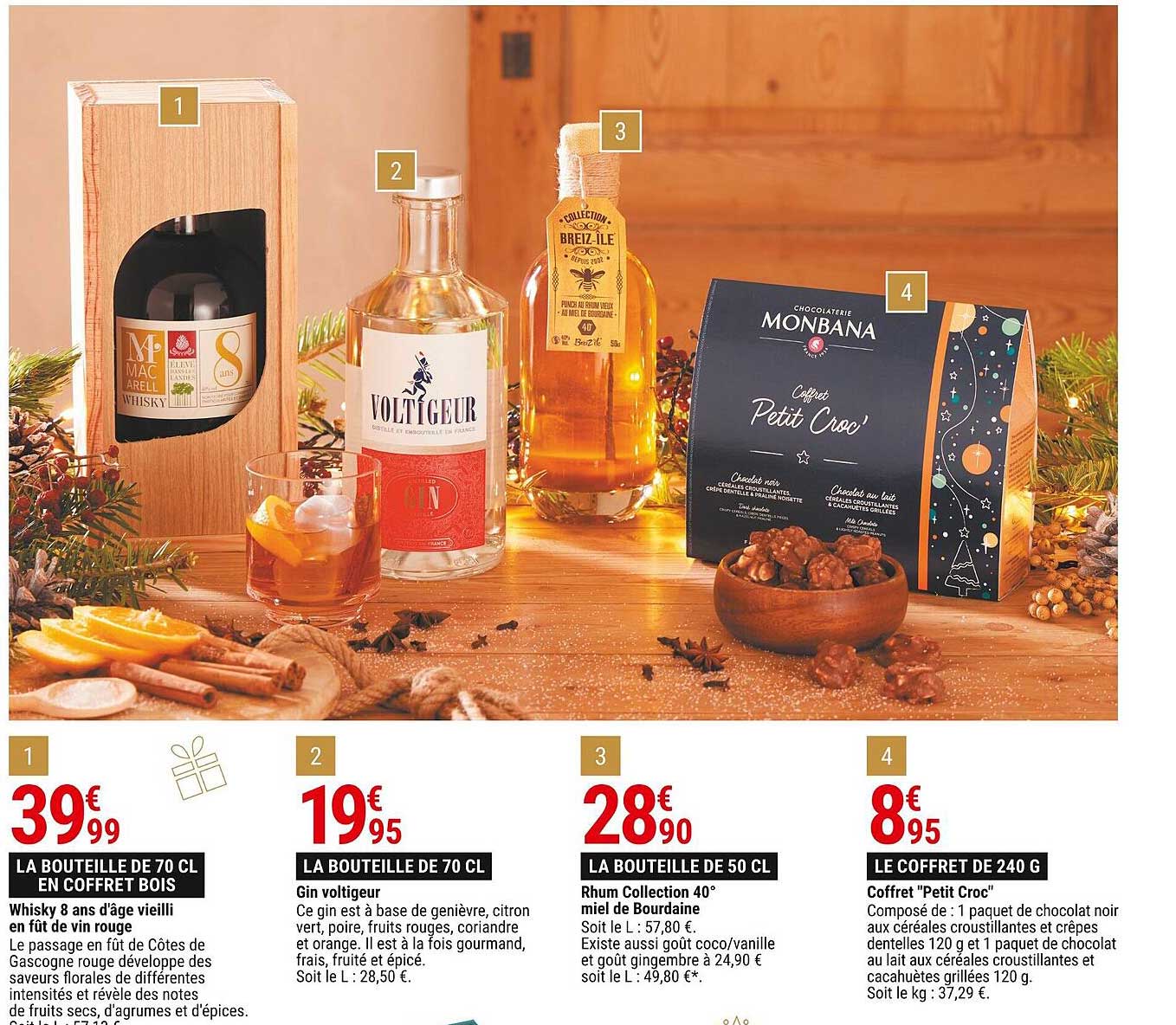 whisky 8 ans d'âge vieilli en fût de vin rouge, gin voltigeur, rhum collection 40° miel de bourdaine, coffret "petit croc"