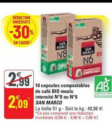 10 capsules compostables de café bio moulu intensité n°8 ou n°6 san marco