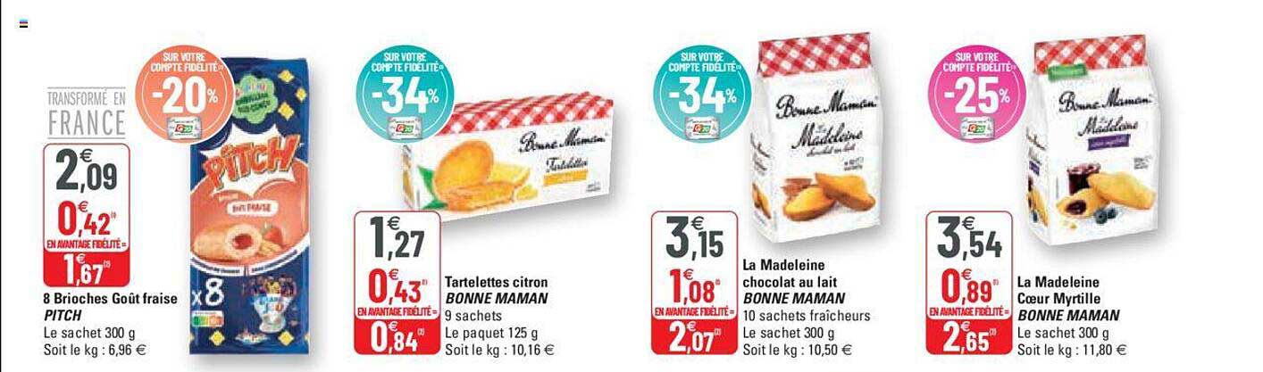 8 brioches goût fraise pitch, tartelettes citron bonne maman, la madeleine chocolat au lait bonne maman, la madeleine cœur myrtille bonne maman