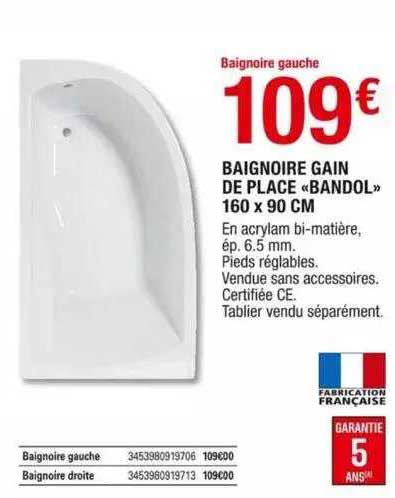 baignoire gain de place «bandol» 160 x 90 cm