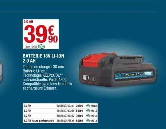 batterie 18 v li-ion 2,0 ah erbauer