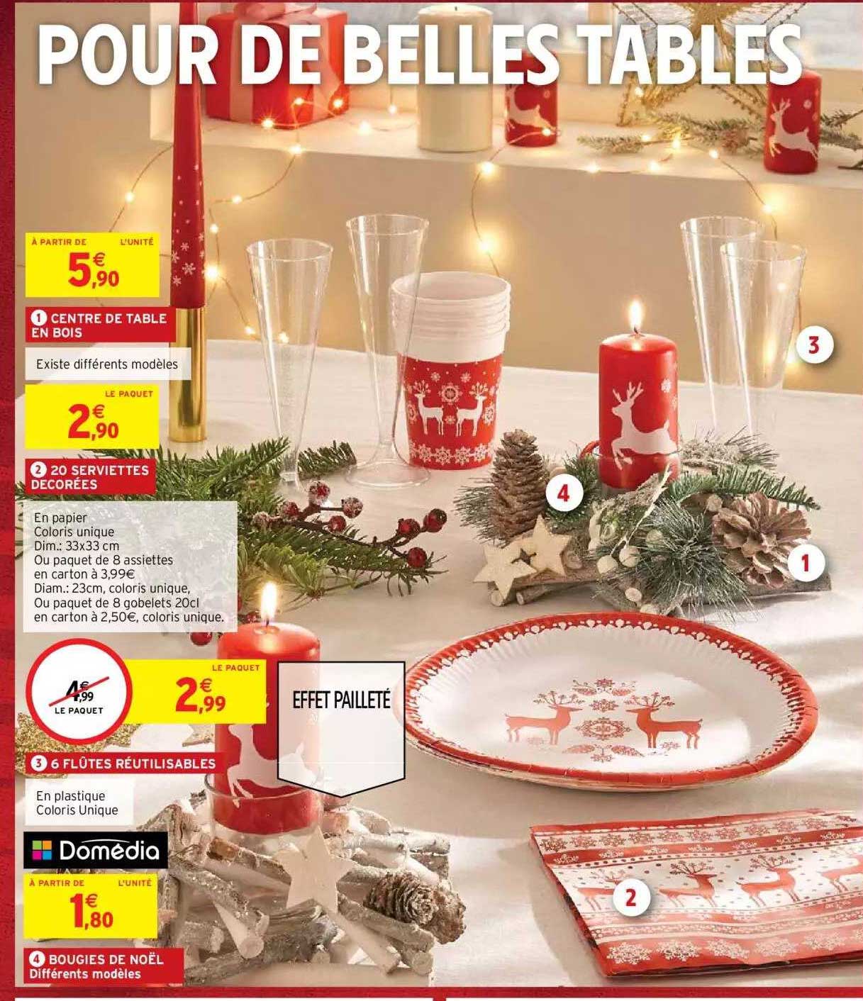centre de table en bois, 20 serviettes décorées, 6 flûtes réutilisables, bougies de noël