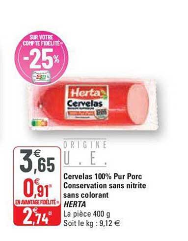 cervelas 100% pur porc conservation sans nitrite sans colorant herta