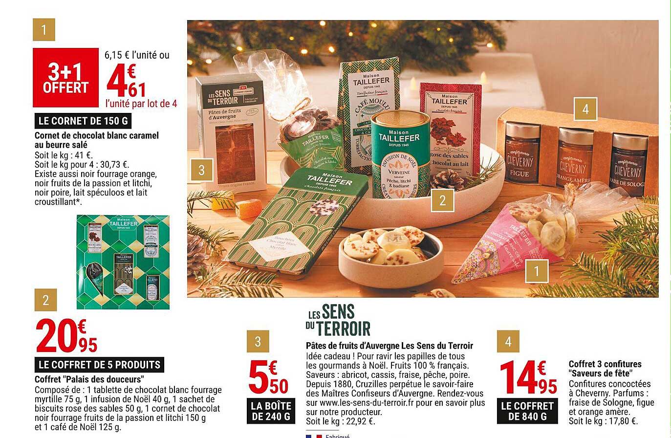 cornet de chocolat blanc caramel au beurre salé, coffret "palais des douceurs", pâtes de fruits d'auvergne les sens du terroir, coffret 3 confitures "saveurs de fête"