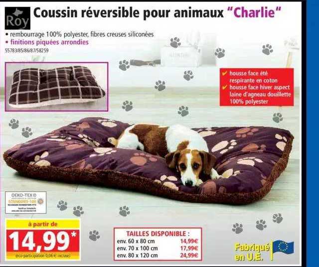 coussin réversible pour animaux "charlie" roy