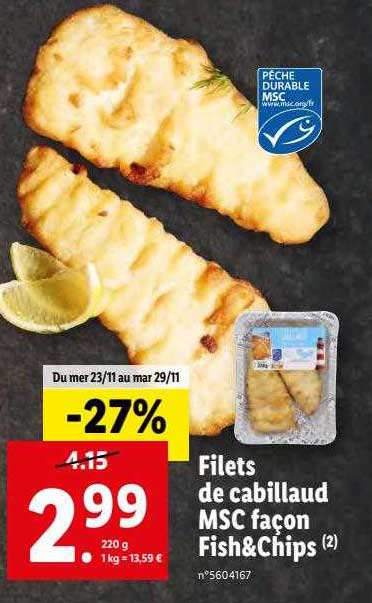filets de cabillaud msc façon fish & chips
