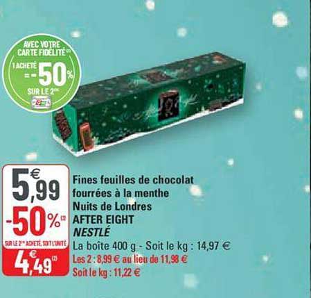 fines feuilles de chocolat fourrées à la menthe nuits de londres after eight nestlé
