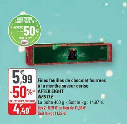 fines feuilles de chocolat fourrées à la menthe saveur cerise after eight nestlé
