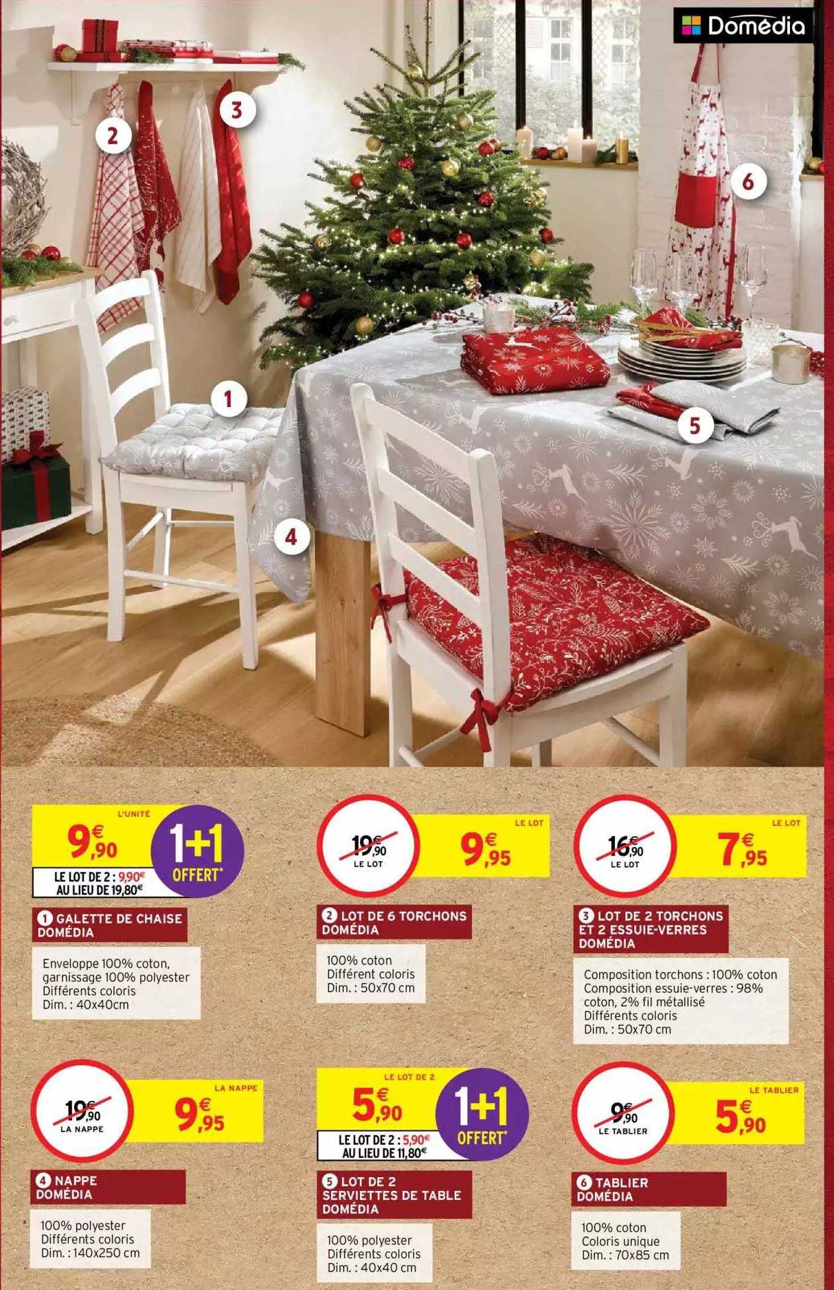 galette de chaise domédia, lot de 6 torchons domédia, lot de 2 tochons et 2 essuie-verres domédia, nappe domédia, lot de 2 serviettes de table domédia, tablier domédia