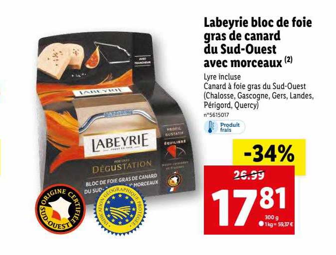labeyrie bloc de foie gras de canard du sud-ouest avec morceaux