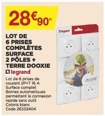 lot de 6 prises complètes surface 2 pôles + terre dooxie legrand