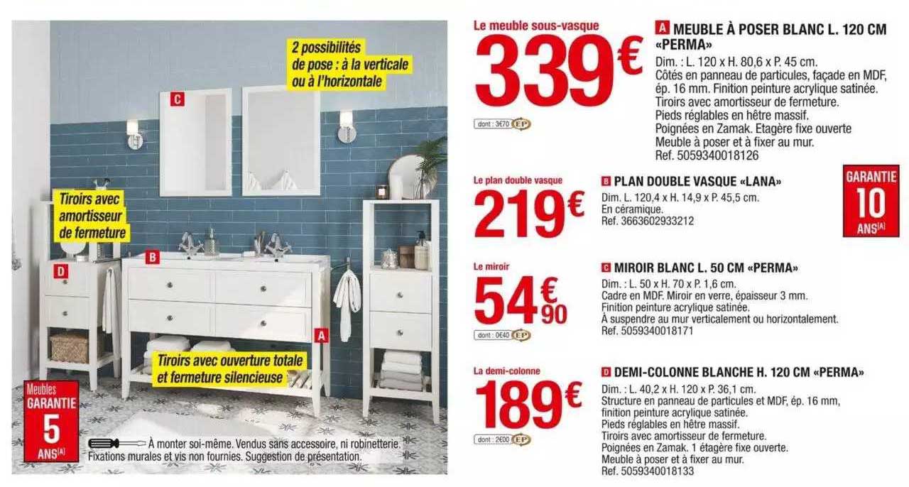 meuble à poser blanc l.120 cm «perma», plan double vasque «lana», miroir blanc l.50 cm «perma», demi-colonne blanche h.120 cm «perma»