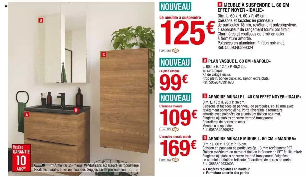 meuble à suspendre l.60 cm effet noyer «idalie», plan vasque l.60 cm «napold», armoire murale l.40 cm effet noyer «idalie», armoire murale miroir l.60 cm «imandra»