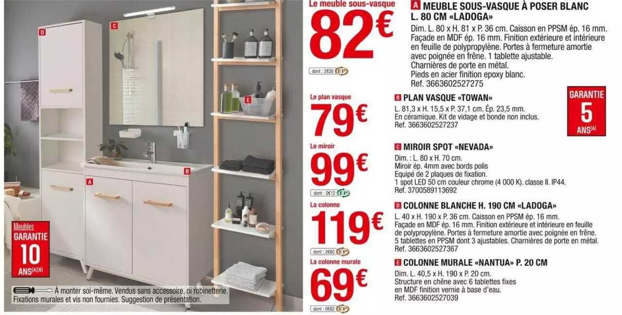 meuble sous-vasque à poser blanc l.80 cm «ladoga», plan vasque «towan», miroir spot «nevada», colonne blanche h.190 cm «ladoga», colonne murale «natua» p.20 cm