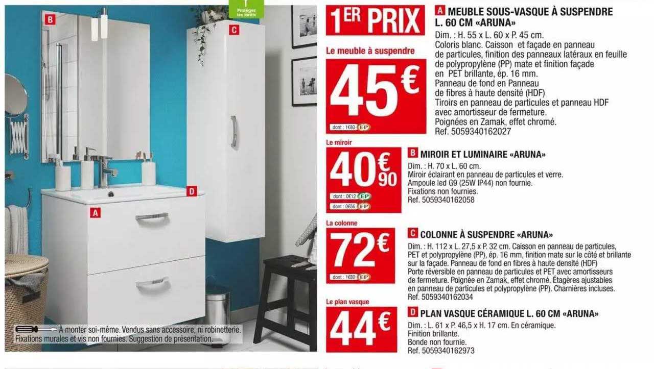 meuble sous-vasque à suspendre l.60 cm «aruna», miroir et luminaire «aruna», colonne à suspendre «aruna», plan vasque céramique l.60 cm «aruna»