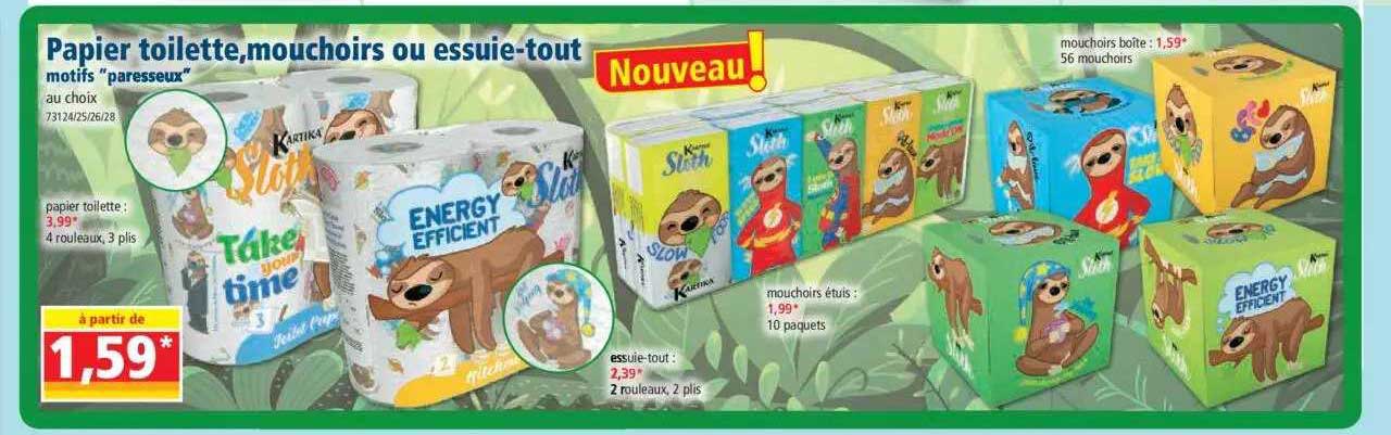 papier toilette, mouchoirs ou essuie-tout motifs "paresseux"