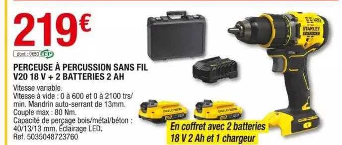 perceuse à percussion sans fil v20 18v + 2 batteries 2 ah stanley fatmax