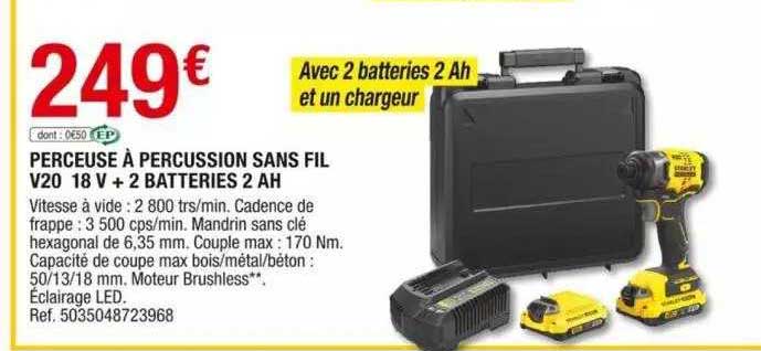 perceuse à percussion sans fil v20 18v + 2 batteries 2 ah stanley fatmax