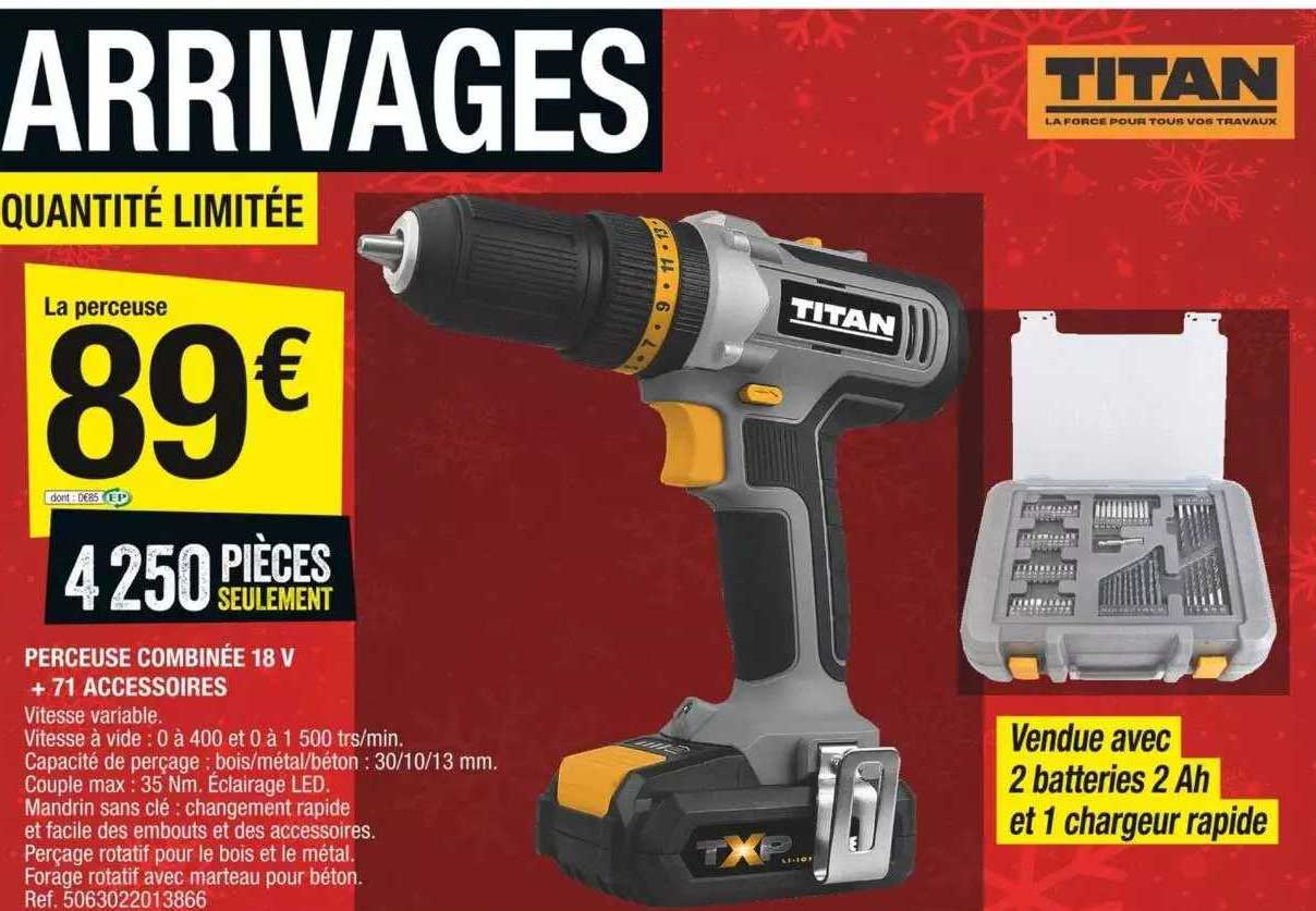 Perceuse Combinée 18v + 71 Accessoires Titan