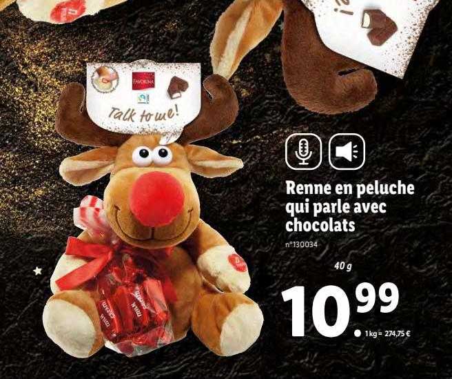 renne en peluche qui parle avec chocolats favorina