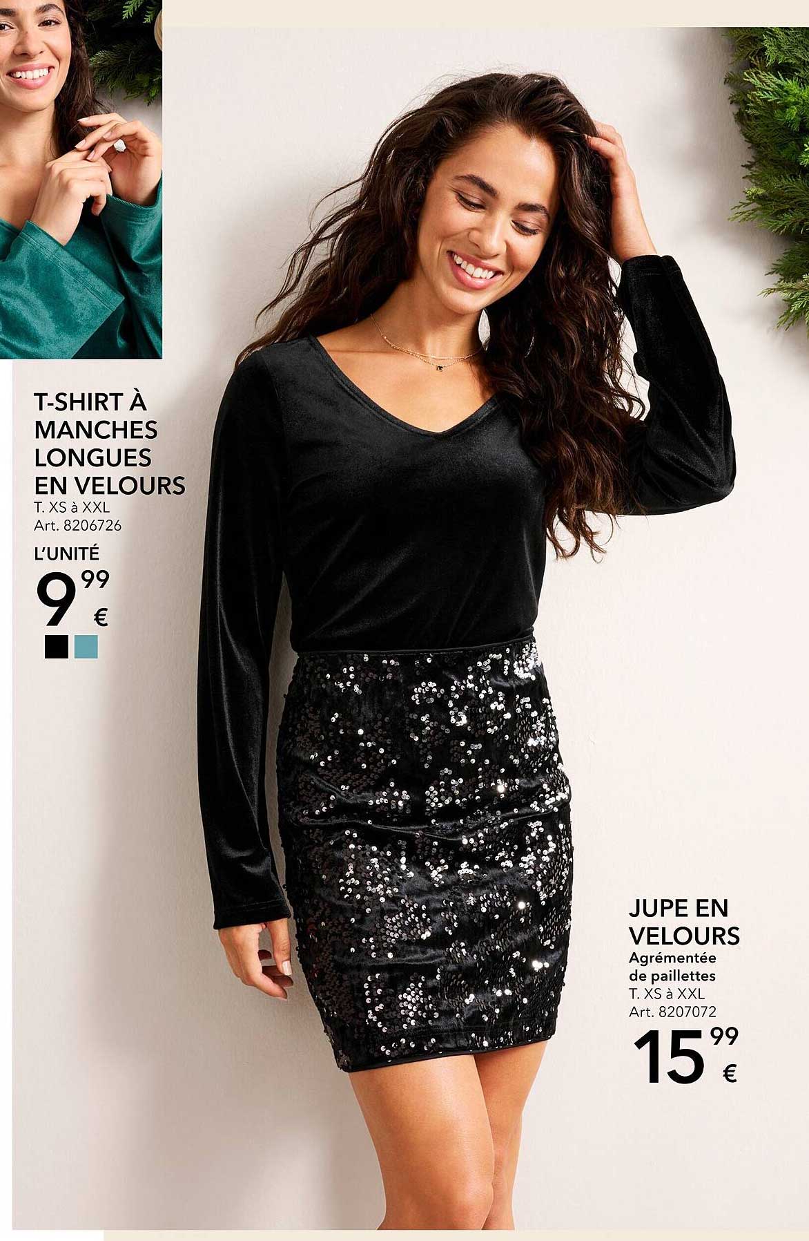 t-shirt à manches longues en velours, jupe en velours