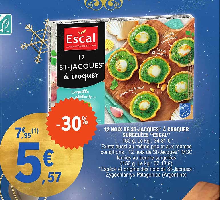12 noix de st-jacques à croquer surgelées "escal"