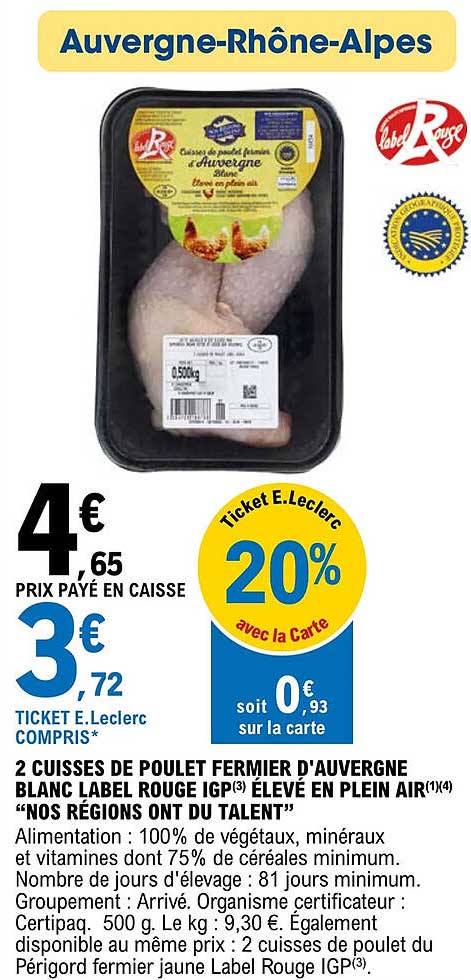 2 cuisses de poulet fermier d'auvergne blanc label rouge igp éleve en plein air "nos régions ont du talent"