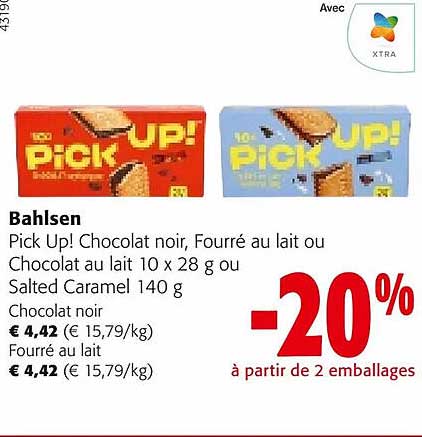 bahlsen pick up! chocolat noir, fourré au lait ou chocolat au lait ou salted caramel