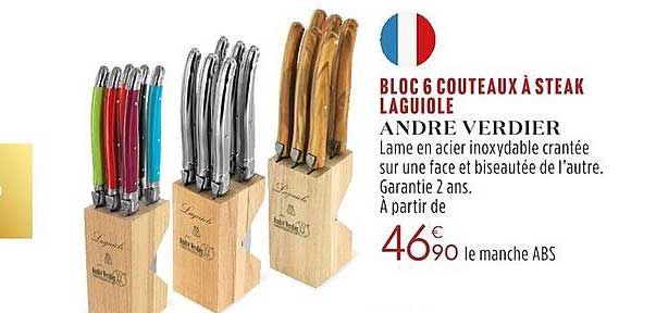 bloc 6 couteaux à steak laguiole andré verdier