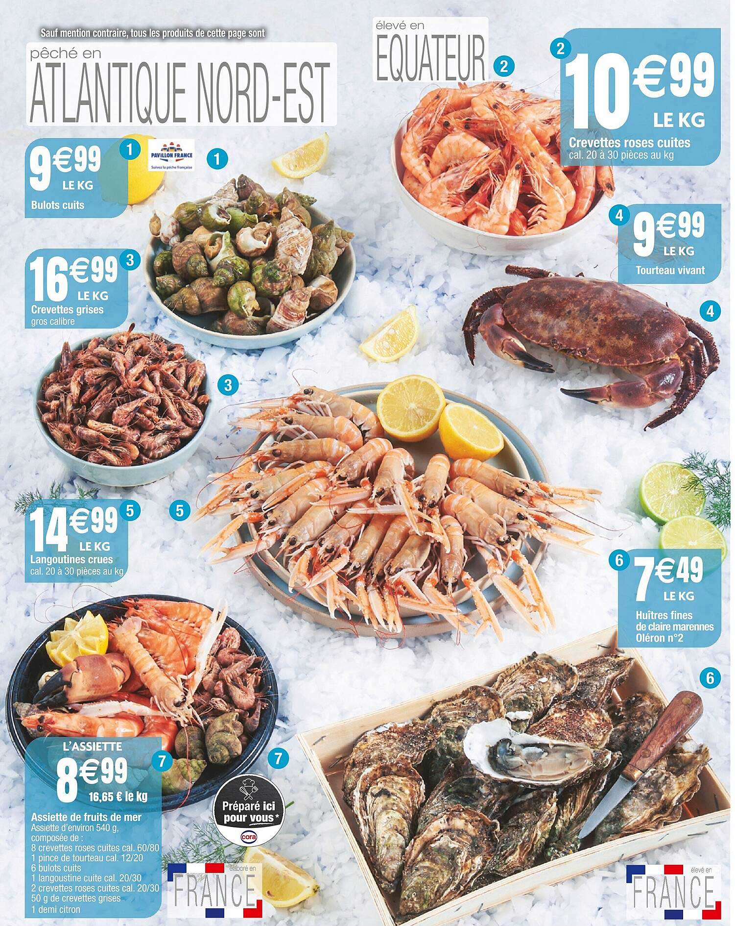 bulots cuits, crevettes grises, langoustines crues, assiette de fruits de mer, crevettes roses cuites, tourteau vivant, huîtres fines de claire marennes oléron n°2