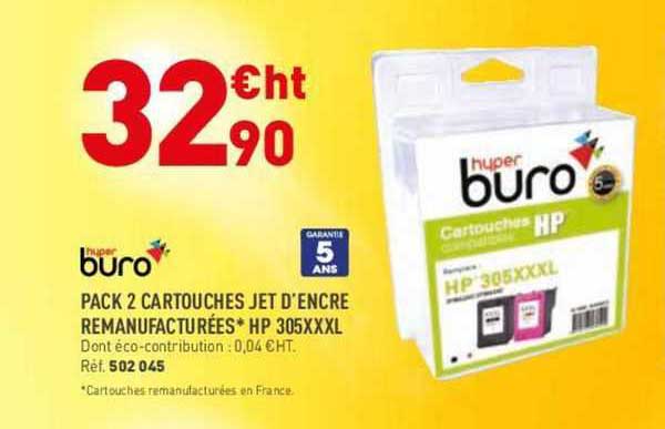 hyper buro pack 2 cartouches jet d'encre remanufacturée hp 305xxxl