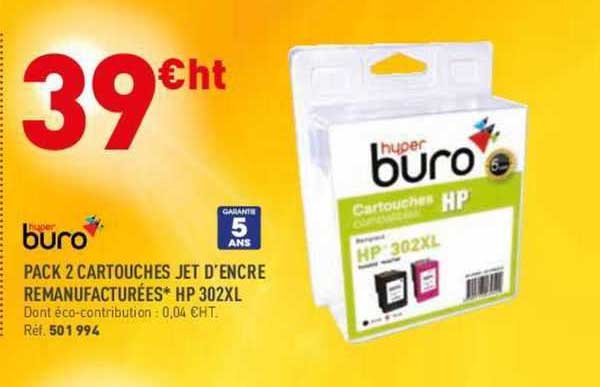 hyper buro pack 2 cartouches jet d'encre remanufacturées hp 302xl