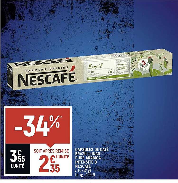 capsules de café brazil lungo pure arabica intensité 8 nescafé