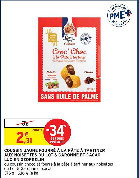 coussin jaune fourré à la pâte à tartiner aux noisettes du lot & garonne et cacao lucien georgelin