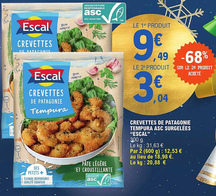 crevettes de patagonie tempura asc surgelées "escal"