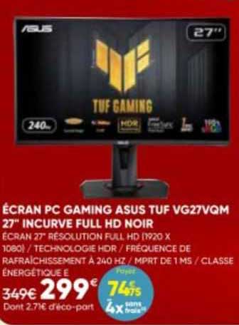 écran pc gaming asus tuf vg27vqm 27" incurve full hd noir