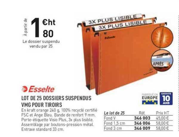 esselte lot de 25 dossiers suspendus vmg pour tiroirs