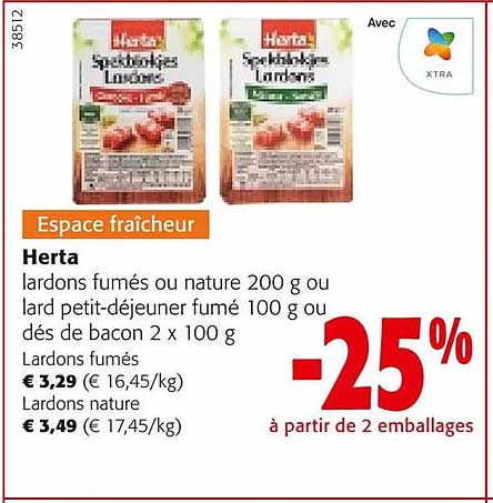 herta lardons fumés ou nature ou lard petit-déjeuner fumé ou dés de bacon