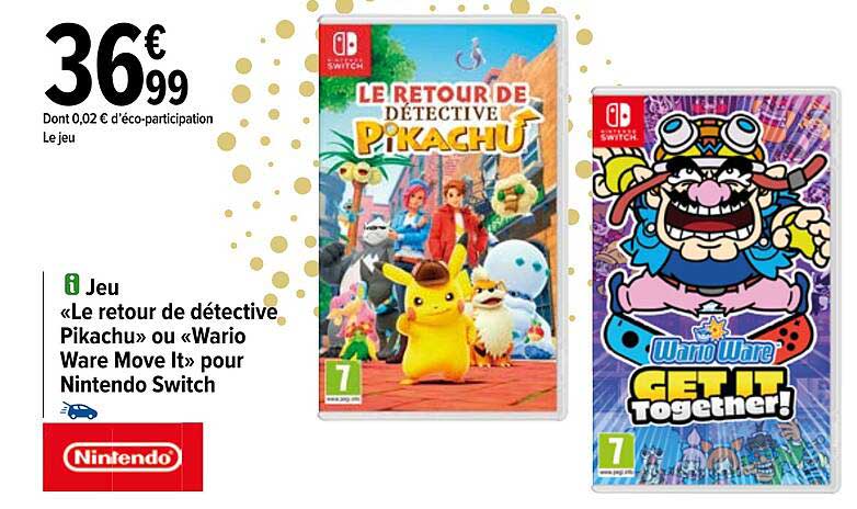 jeu «le retour de détective pikachu» ou «wario ware move it» pour nintendo switch